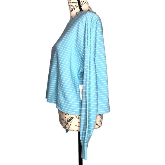 Flirtitude Active SMALL Lightweight Blue Striped Raw Hem Cropped Sweatshirt - Picture 3 of 10